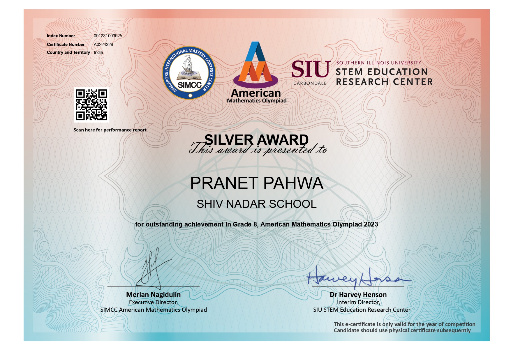 Pranet Pahwa - Wins Silver at American Mathematics Olympiad 2023